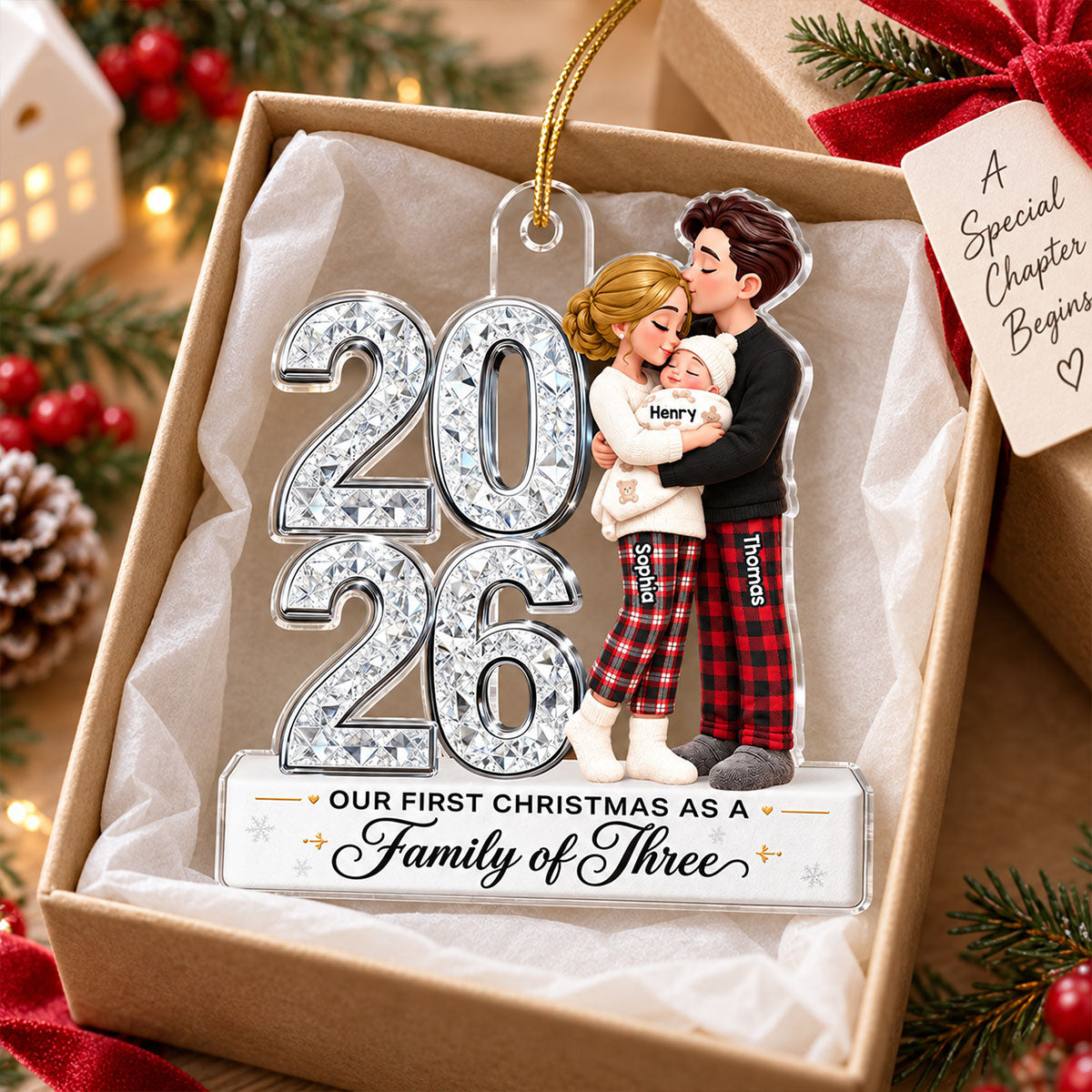 Our First Christmas As Family Of Three Custom Year 2D Flat Printed - Personalized Acrylic Ornament - Christmas Tree Keepsake For New Parents