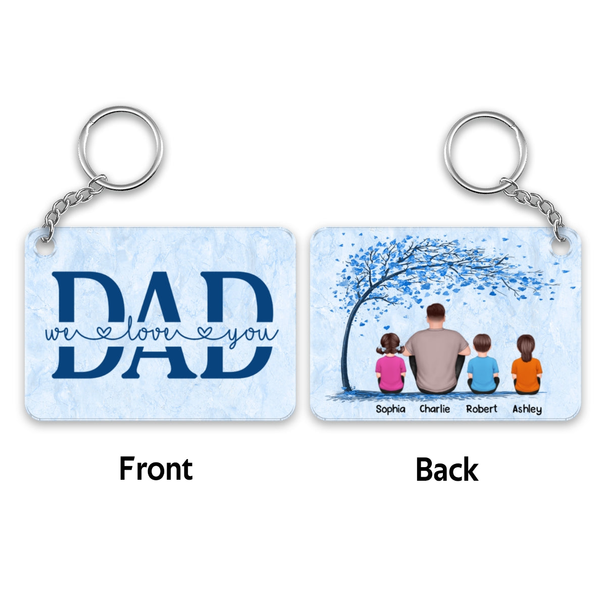 Dad And Kids Under Blue Tree Personalized Acrylic Keychain