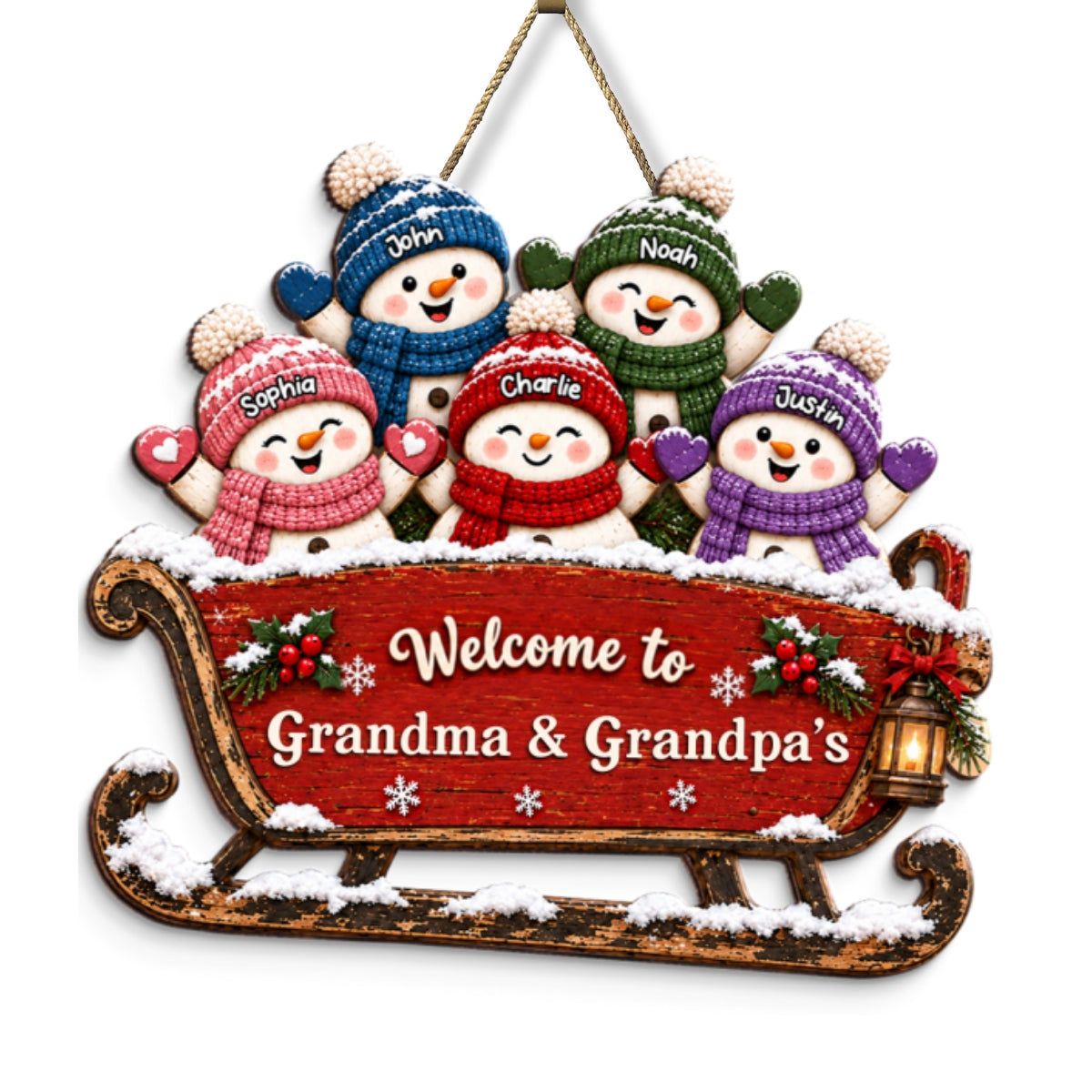 Grandkids Snowman On Sleigh 2D Flat Printed - Personalized Wood Sign - Christmas Decor For Grandparents