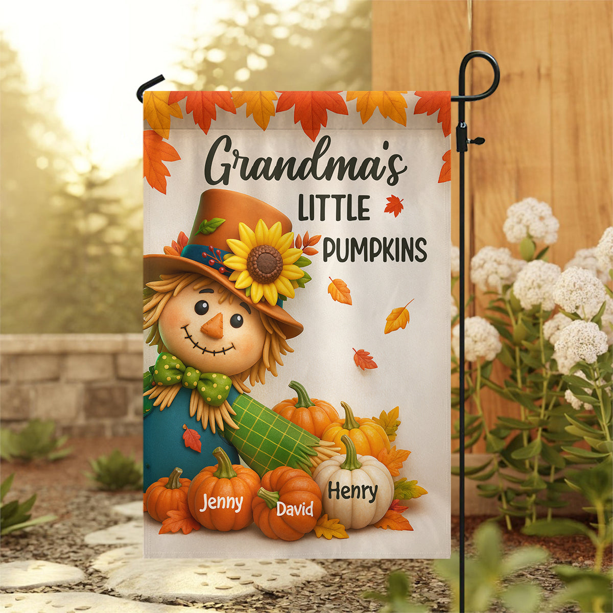 Grandma's Pumpkin Patch Scarecrow Personalized Garden Flag, Cozy Fall Decor for Grandma