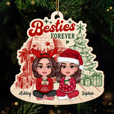 Besties Sisters Sitting Retro Fireplace Christmas Tree Personalized Wooden Ornament