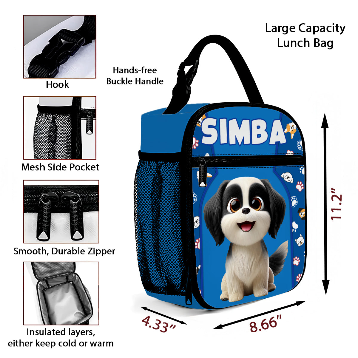 Cute Cartoon Dogs Cats Personalized Insulated Lunch Bag for Kids, Back to School Gift for Kids
