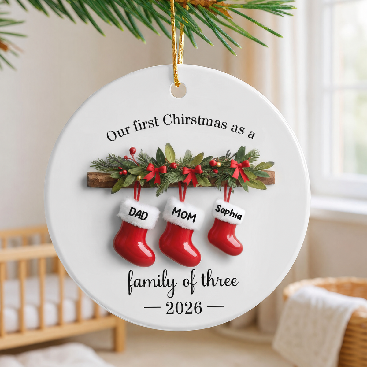 Family Christmas Stockings 3D Effect - Personalized Ceramic Ornament - Christmas Tree Decor For Family