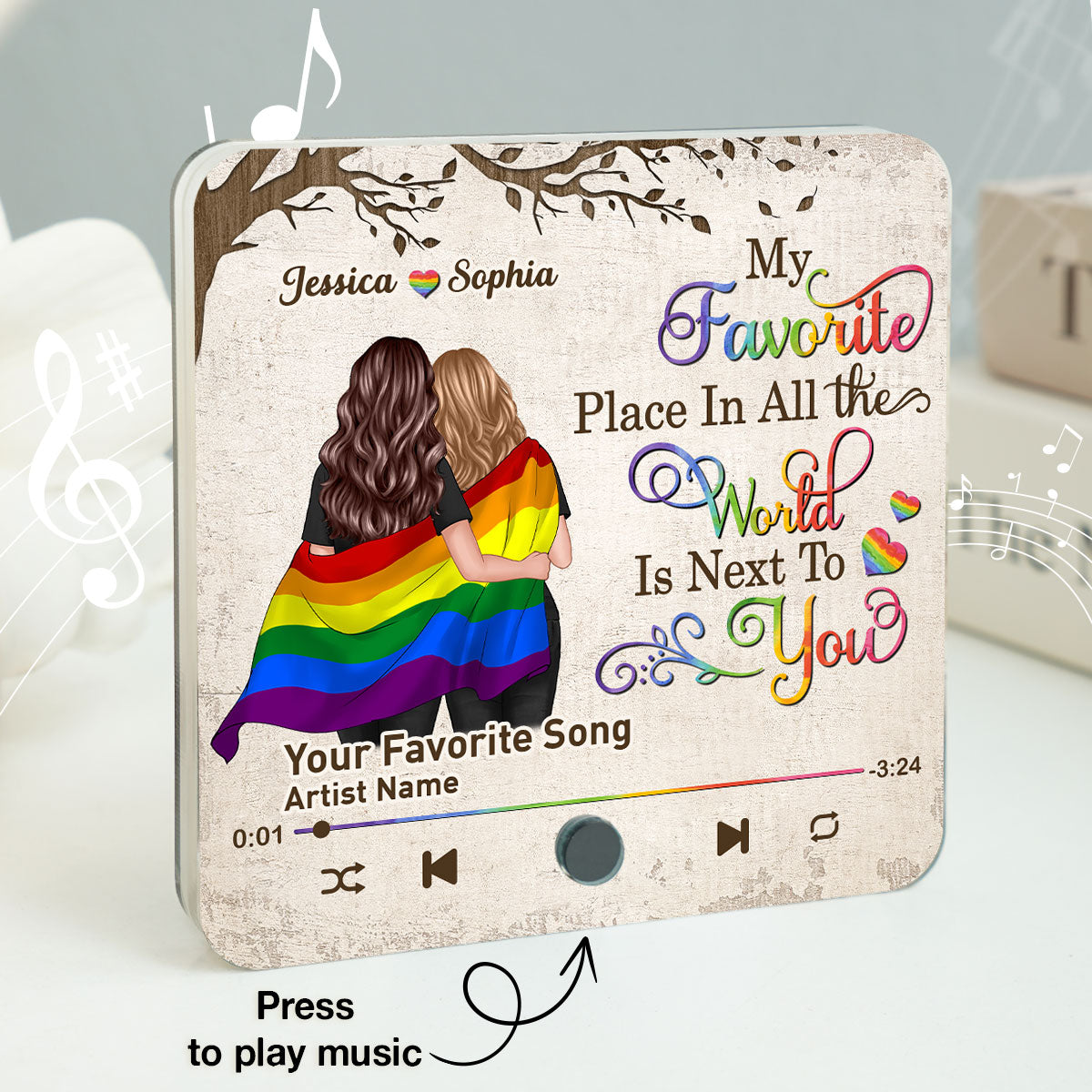 Favorite Place In The World LGBT Couple Standing Back View Personalized Music Fridge Magnet