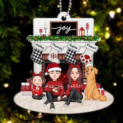 Cute Family Dad Mom Kids Dogs Cats Sitting At Christmas Fireplace Personalized Acrylic Ornament
