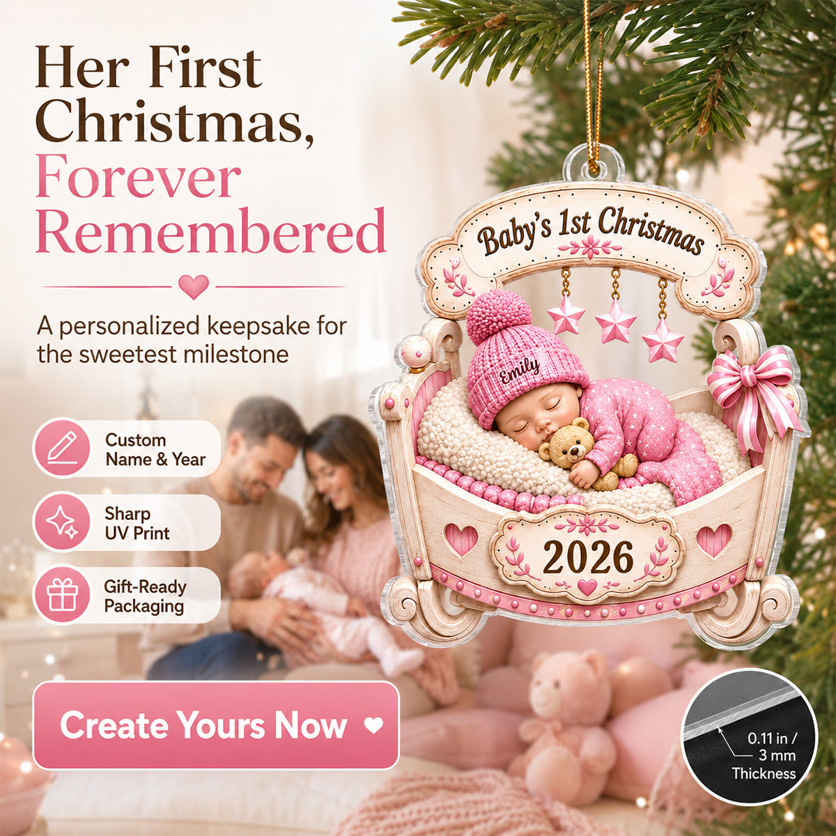 Baby’s First Christmas Sleeping Baby Crib 2D Flat – Personalized Acrylic Ornament – Christmas Keepsake for Newborn