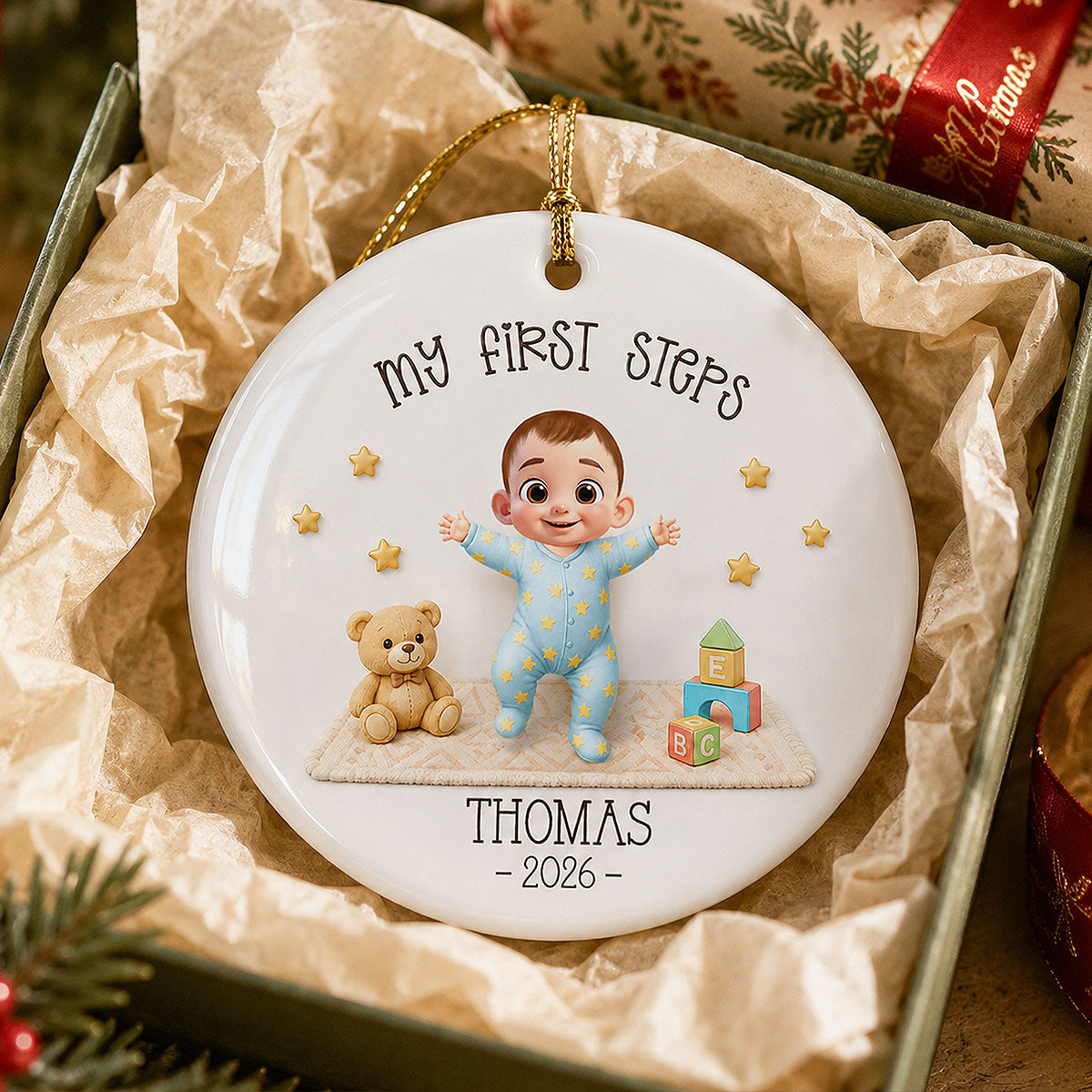 Baby First Steps Learned to Walk - Personalized Ceramic Ornament - Milestone Christmas Keepsake