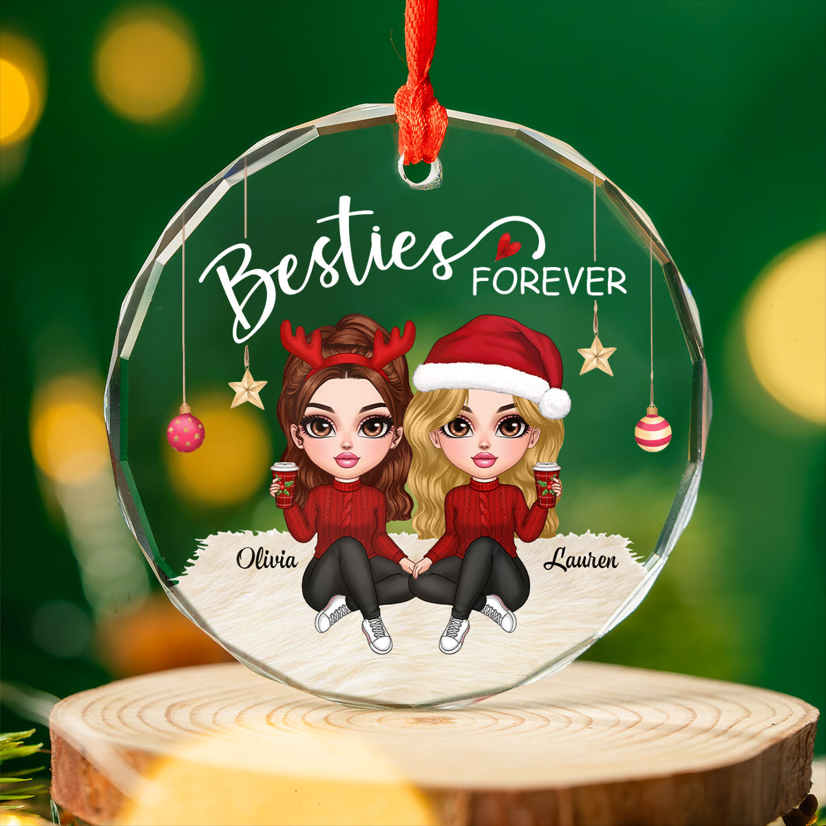 Besties Forever Y2K Best Friends Personalized Glass Ornament, Friendship Christmas Gift