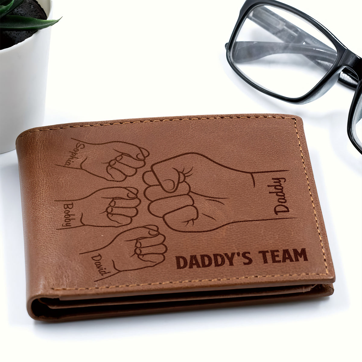 Daddy‘s Team Fist Bump Outline Personalized Printed Leather Wallet, Gift For Husband, Dad