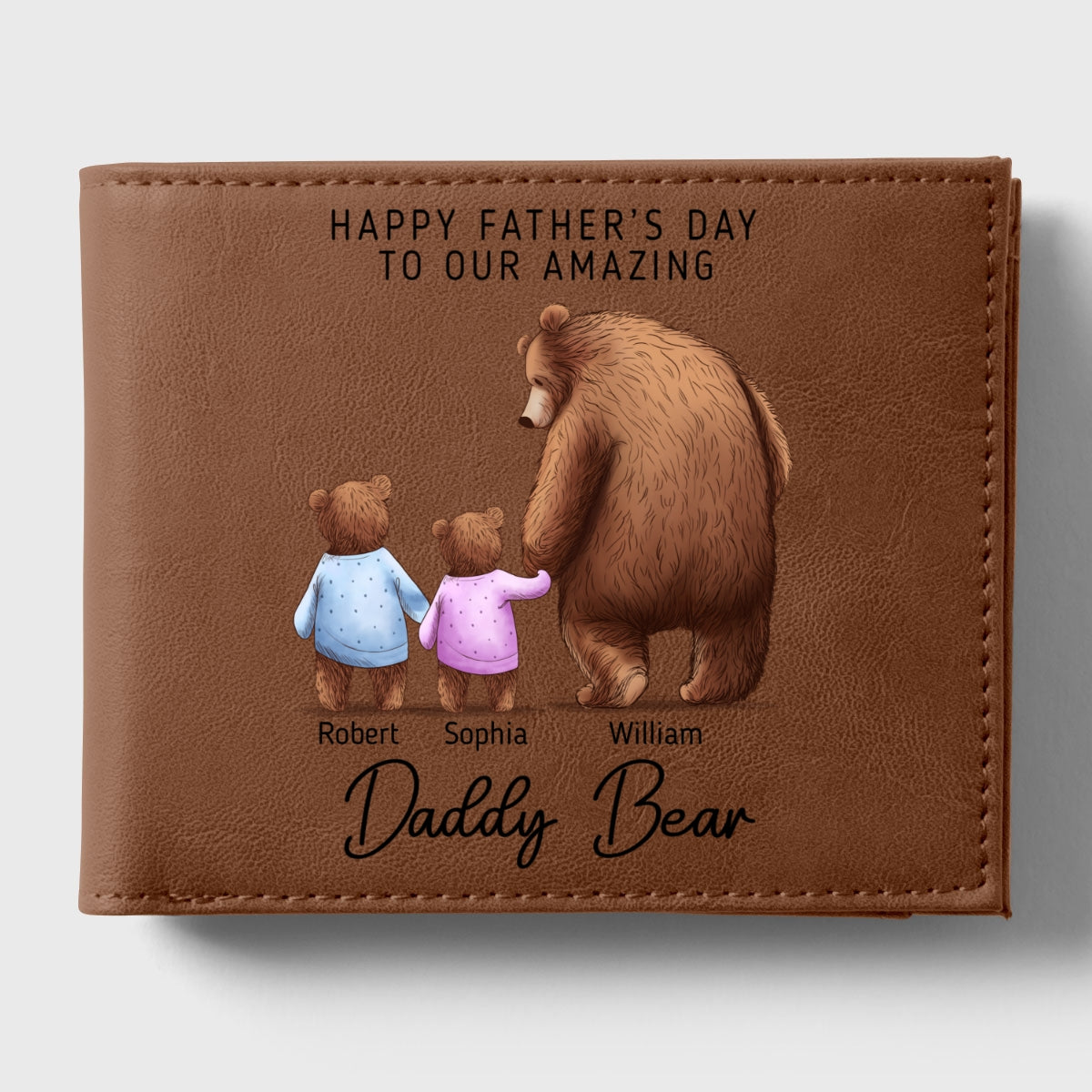 Daddy Bear With His Cubs Personalized Printed Leather Wallet