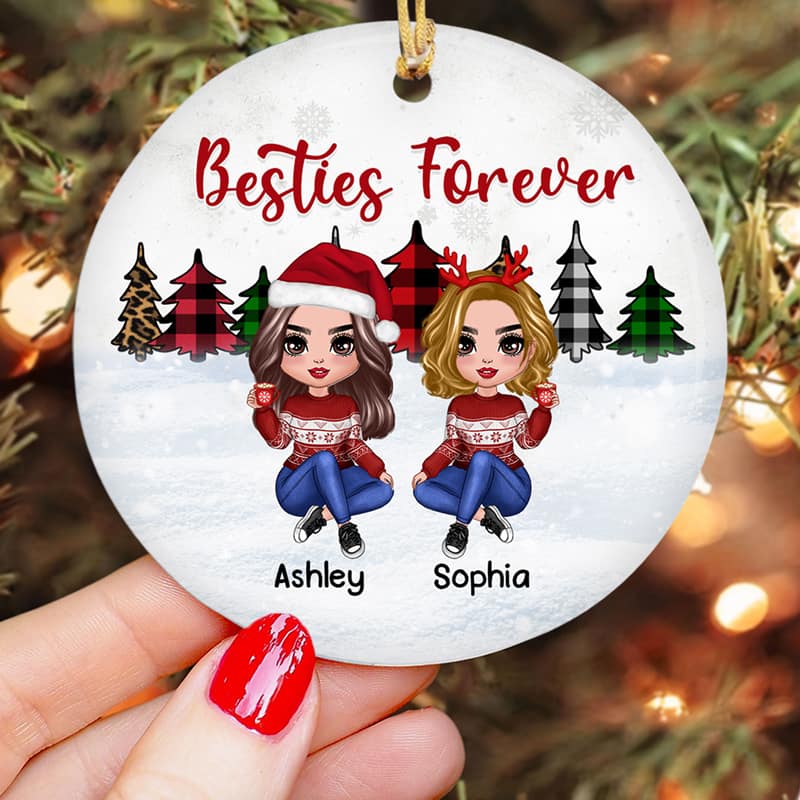 Christmas Tree Leopard Checkered Doll Besties Personalized Circle Ornament