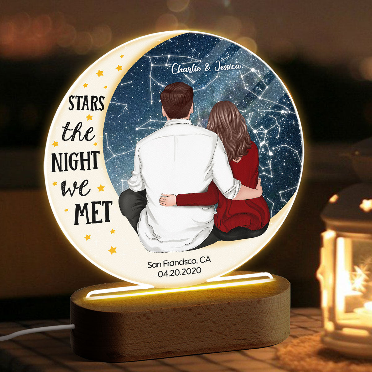 Love You To The Moon Couple Sitting On Moon Personalized Star Map Circle Acrylic Plaque With LED Night Light, Heartfelt Anniversary Gift For Her, For Him