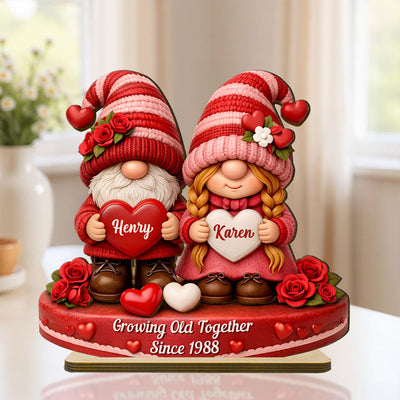 Romantic Gnome Couple - Personalized Standing Wooden Plaque - Gift for Couple