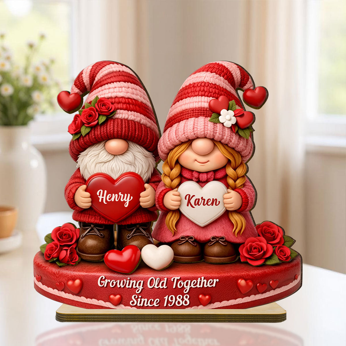 Romantic Gnome Couple - Personalized Standing Wooden Plaque - Gift for Couple