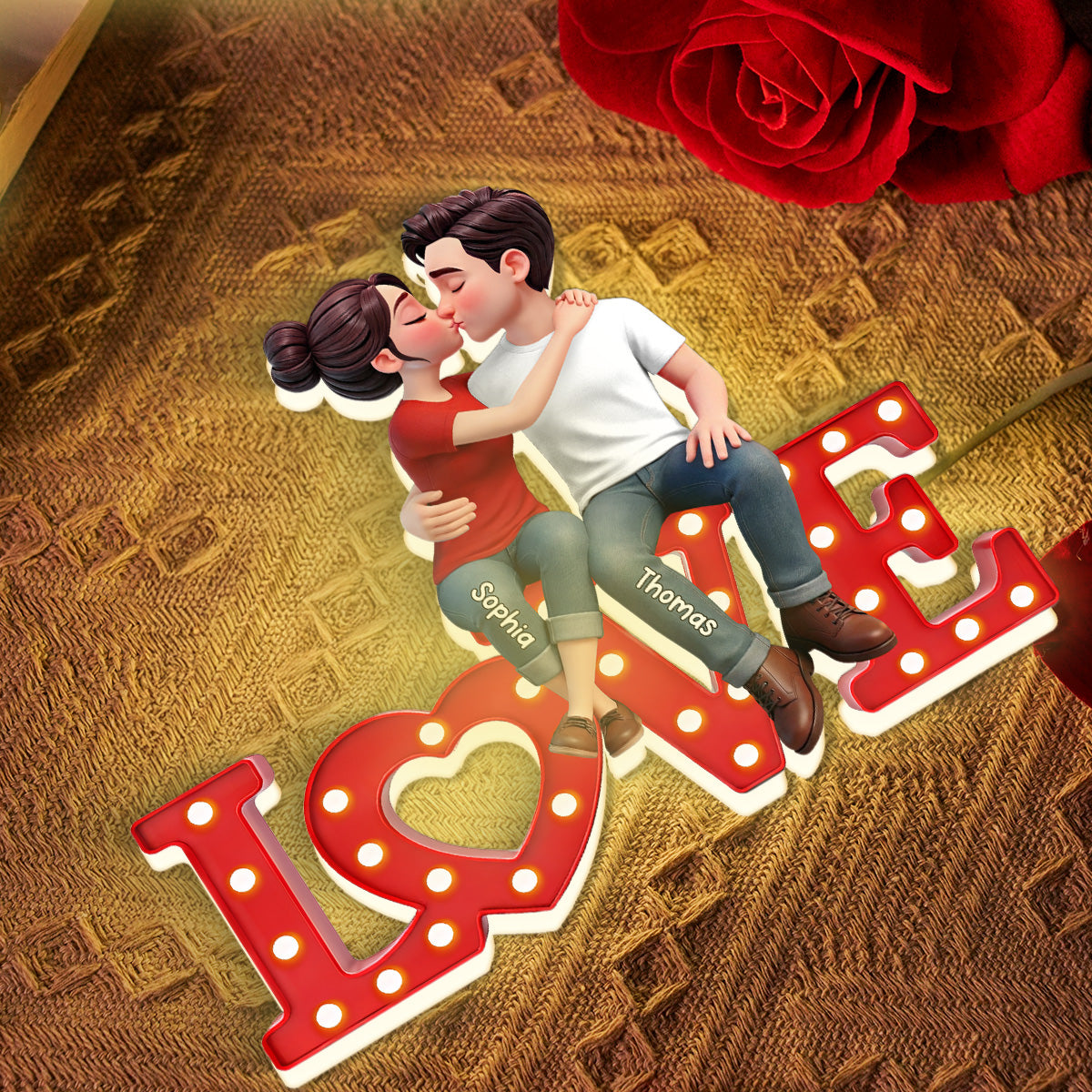 Forever LOVE Couple Sitting Kissing - Personalized Light Box - Valentine's Day Gift For Couple, For Him, For Her