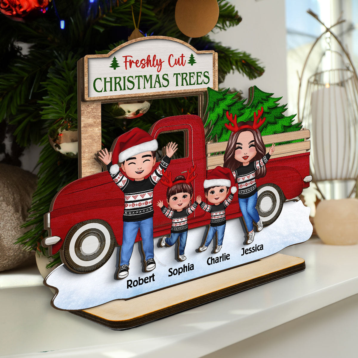 Happy Family With Christmas Truck Personalized 2-Layer Standing Wooden Plaque, Christmas Decoration, Tiered Tray Decor