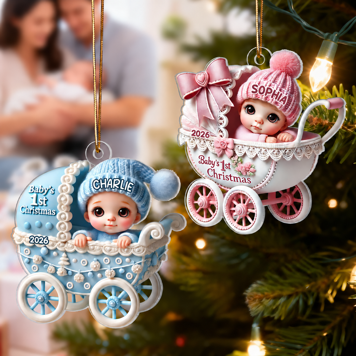 3D Effect Newborn Baby In Carriage Christmas Personalized Flat Acrylic Ornament, Christmas Gift For Newborns, New Parents