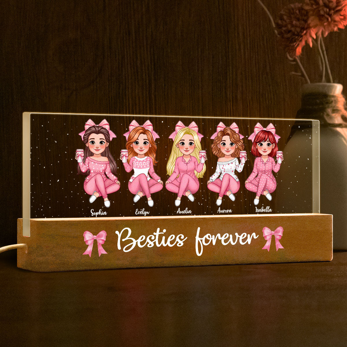 Coquette Animated Pink Besties Personalized Acrylic Block LED Night Light, Gift For Best Friends