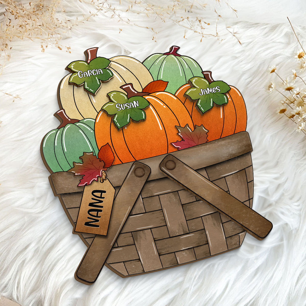 Pumpkin Fall Season For The Flower Basket Family Grandma Personalized 2-Layer Standing Wooden Plaque