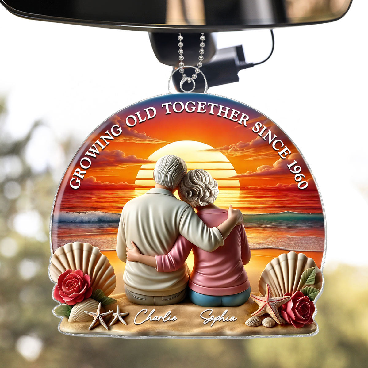 3D Effect Old Couple Sitting Sunset Beach Landscape Personalized Car Hanger Ornament, Heartfelt Gift For Couple, For Him, For Her, Husband, Wife