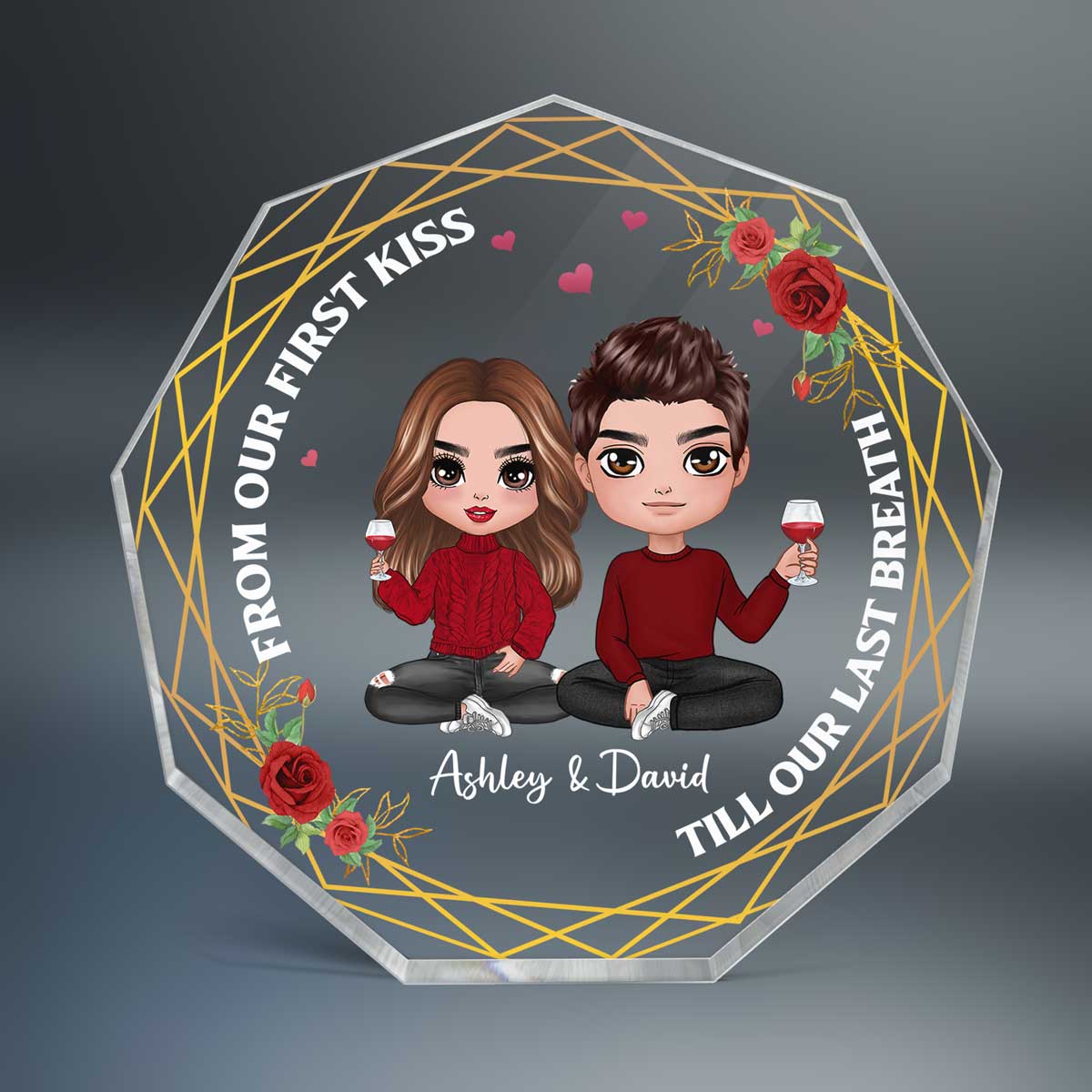 Doll Couple Sitting Personalized Nonagon Acrylic Plaque - Gift For Him Gift For Her