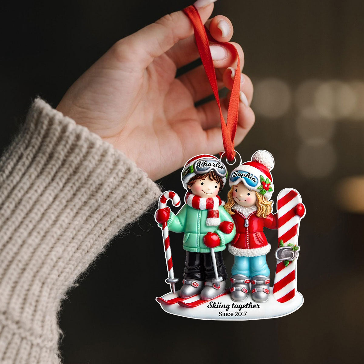 Personalized Ski Couple Christmas Acrylic Flat Ornament, Ski Resort Vacation, Adventurer, Winter Sports, Skiing Custom Xmas Gift