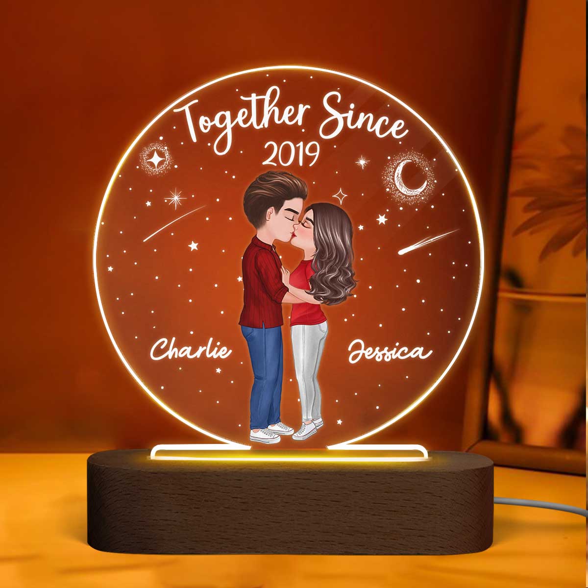 Doll Couple Kissing Personalized Circle Acrylic Plaque With LED Night Light - Valentine‘s Day Gift - Anniversary Gift For Her - Gift For Him