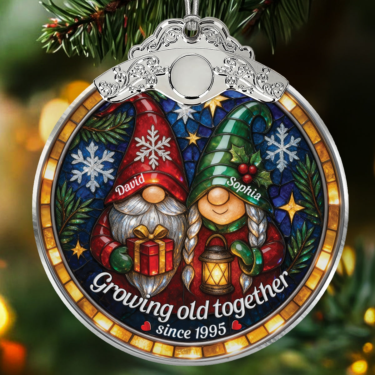 Retro Vintage Gnome Couple Growing Old Together Stained Glass Style - Personalized Glass Ornament With Silver Cap