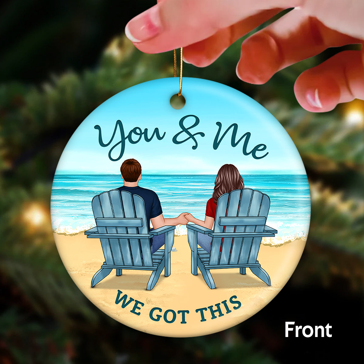 Back View Couple On Beach Names On Sand Tropical Christmas Ornament for Him and Her, Wedding Anniversary Personalized 2-Sided Circle Ornament
