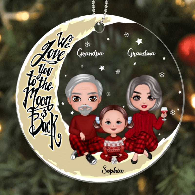 Grandpa Grandma Grandparents & Grandkid On Yellow Moon Personalized Acrylic Ornament