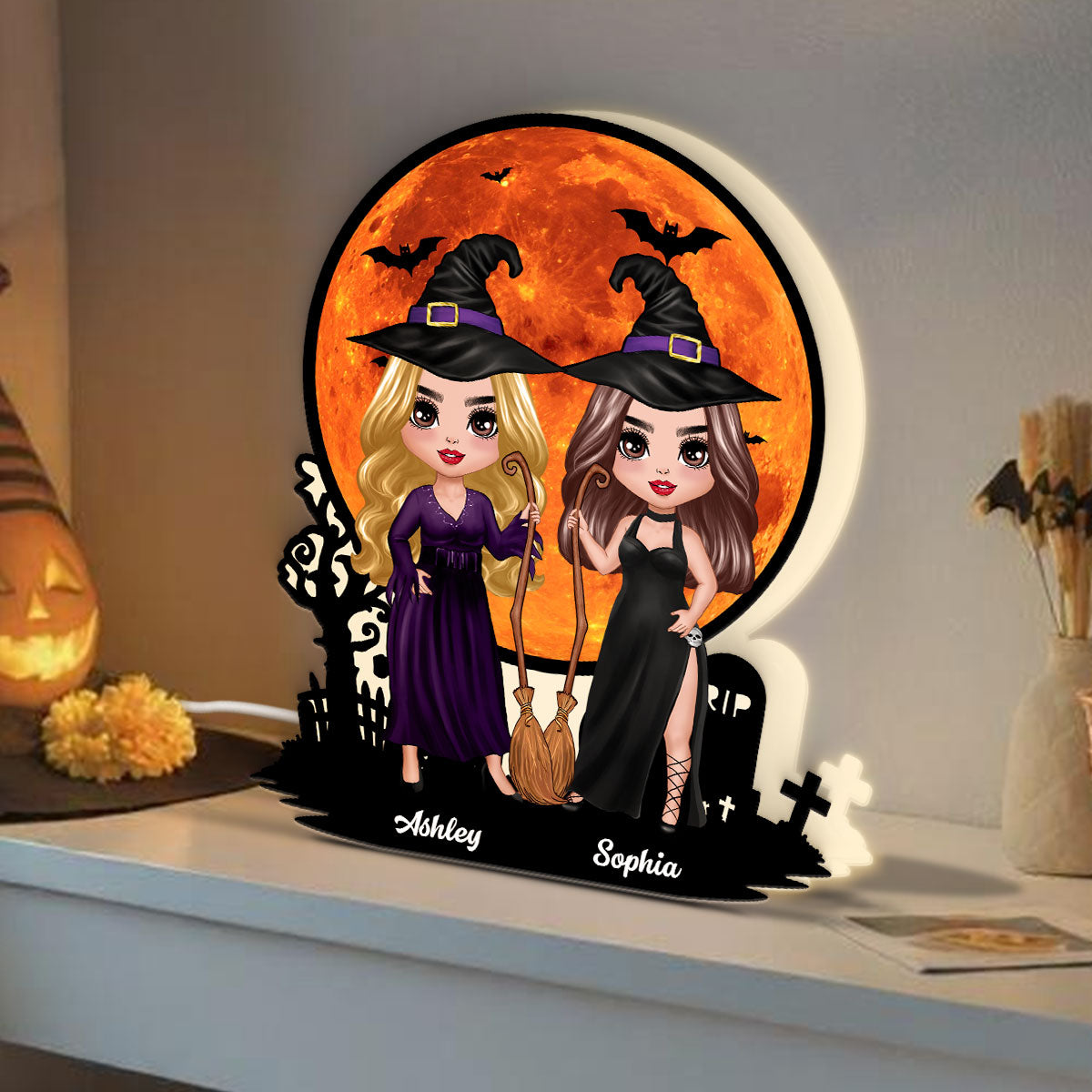 Witch Besties Under Halloween Moon Tabletop Wicca Pagan Decor Personalized Light Box, Halloween Decor