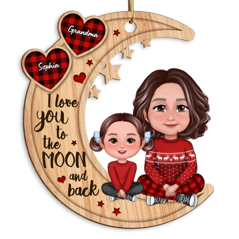 Checkered Pattern Heart Crossed Legs Doll Grandma & Grandkid Sitting On Moon Personalized Wooden Ornament