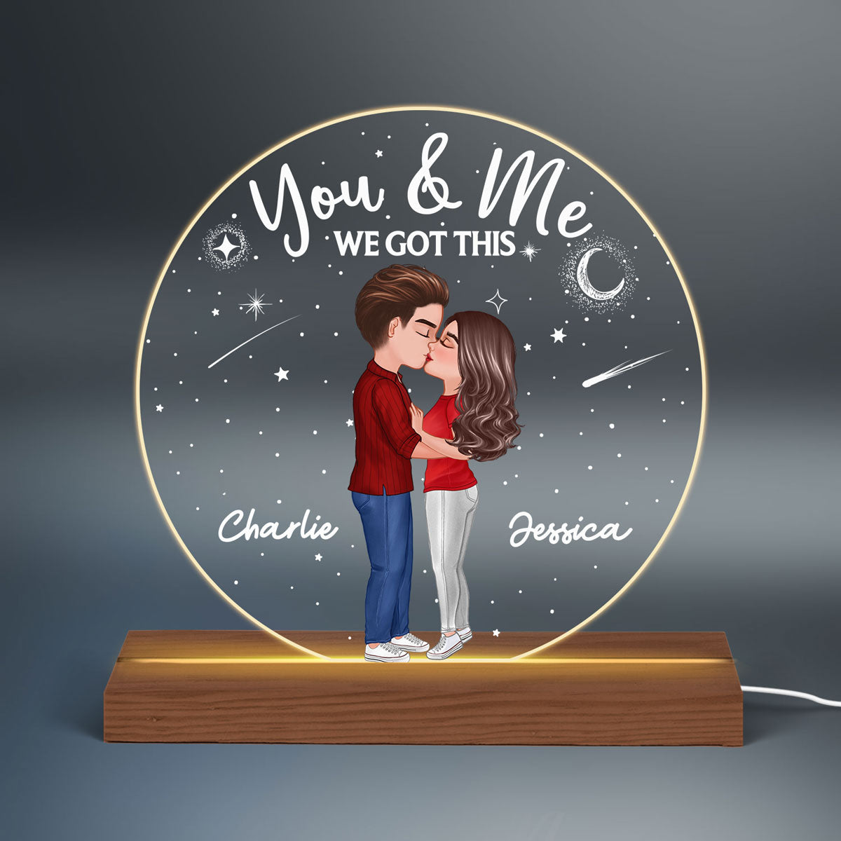 Doll Couple Kissing Personalized Circle Acrylic 7 Color Plaque LED Night Light - Anniversary Gift For Her - Gift For Him
