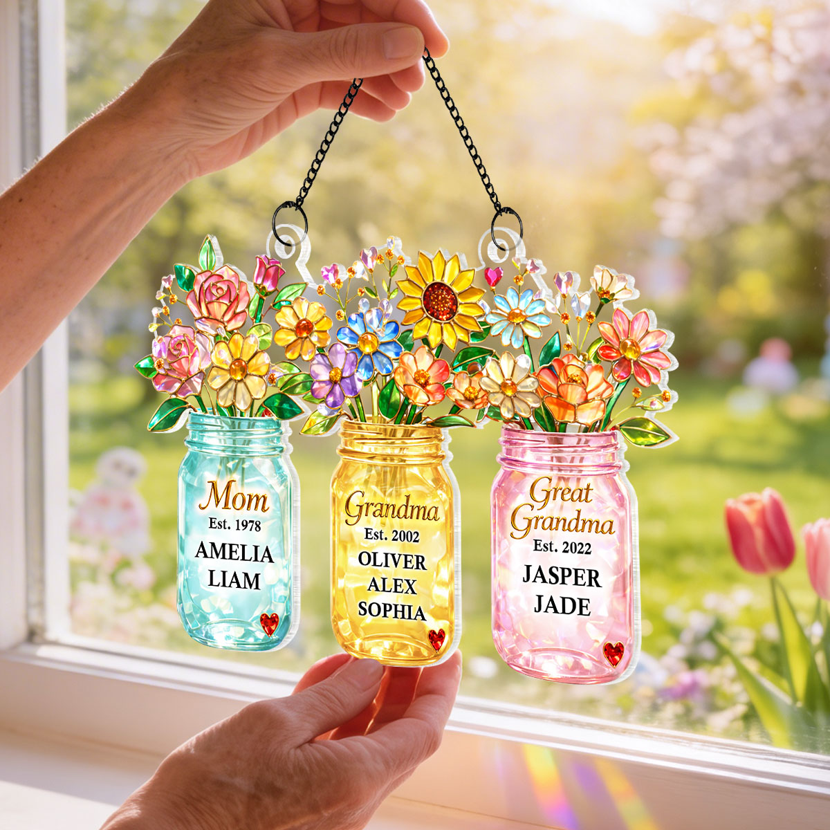 Mom Grandma Greatgrandma Flower - Personalized Acrylic Window Hanging - Heartfelt Gift for Mom, Grandma