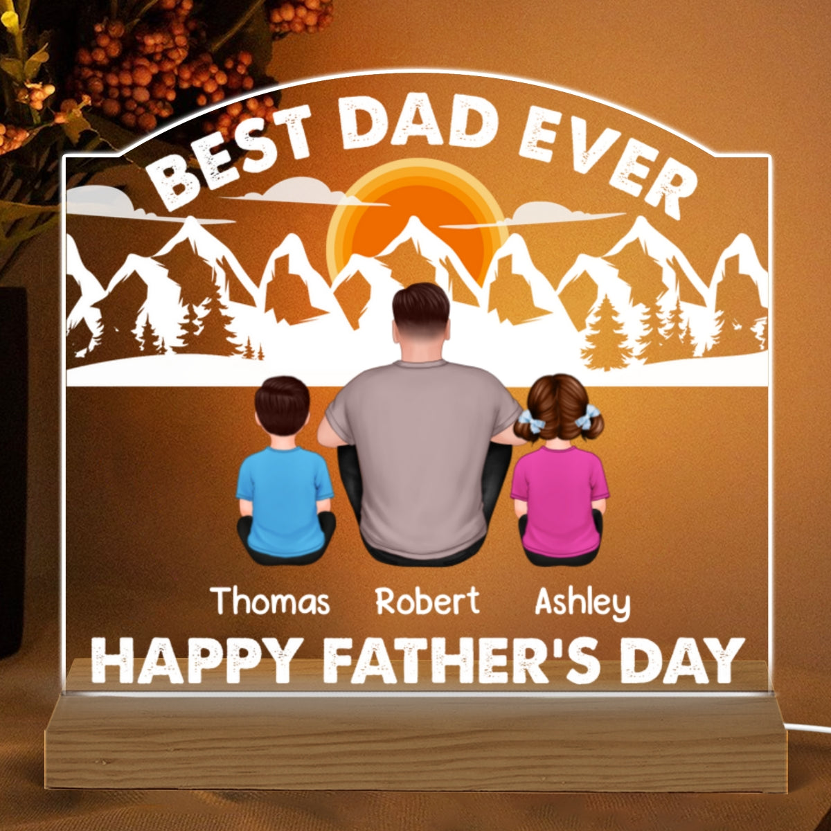 Best Dad Ever Kids Dogs Cats Back View Forest Personalized Warm Custom Shape Acrylic LED Night Light
