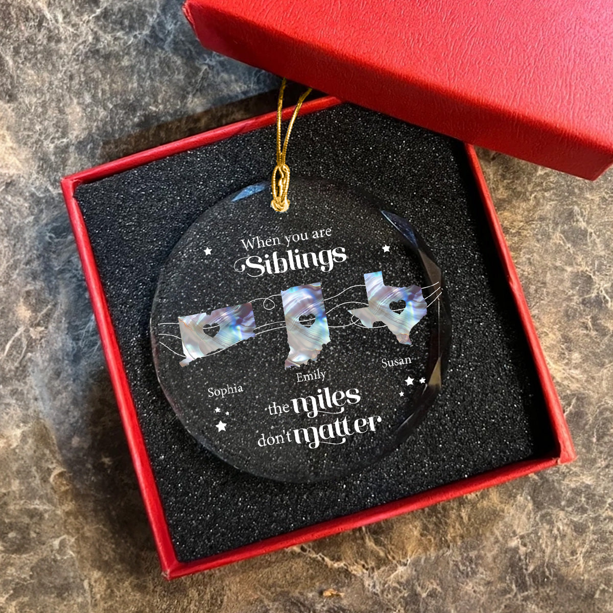 The Miles Don't Matter Long Distance Pearl Theme State Map - Personalized Glass Ornament - Relationship Gift For Besties, Family Members, Siblings