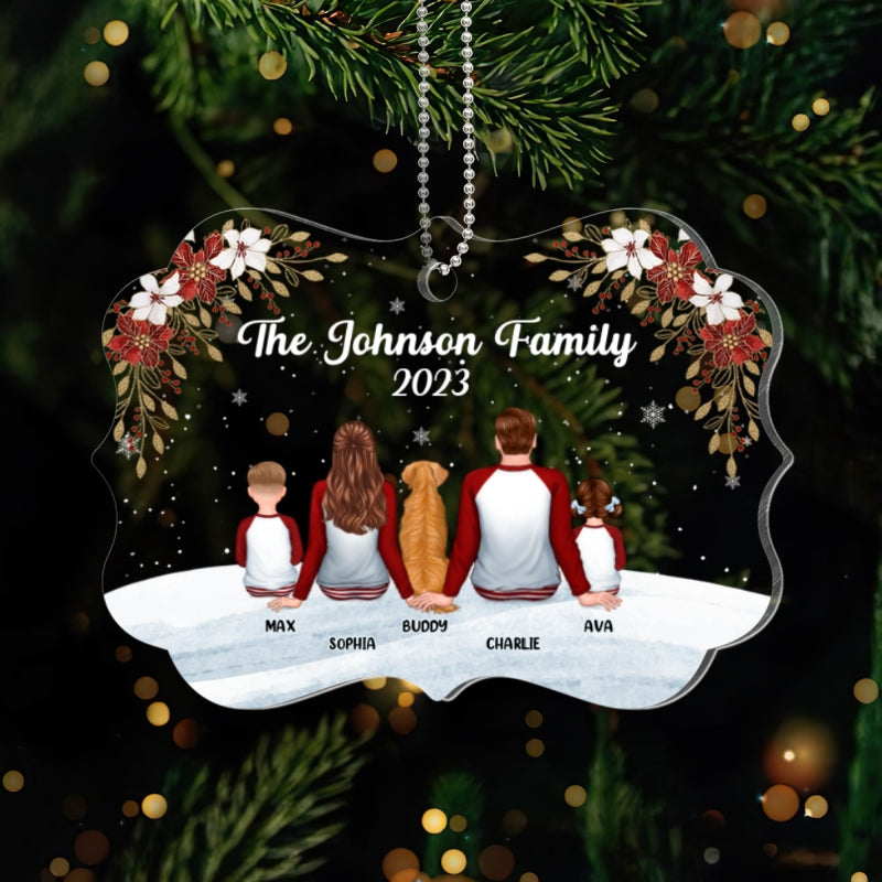 Family Pajamas Back View In Snow Poinsettia Personalized Acrylic Ornament