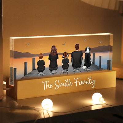 Family Sitting On The Bridge Lake Dock Personalized Acrylic Block LED Night Light, Gift for Mom, Gift for Grandma, Gift for Wife