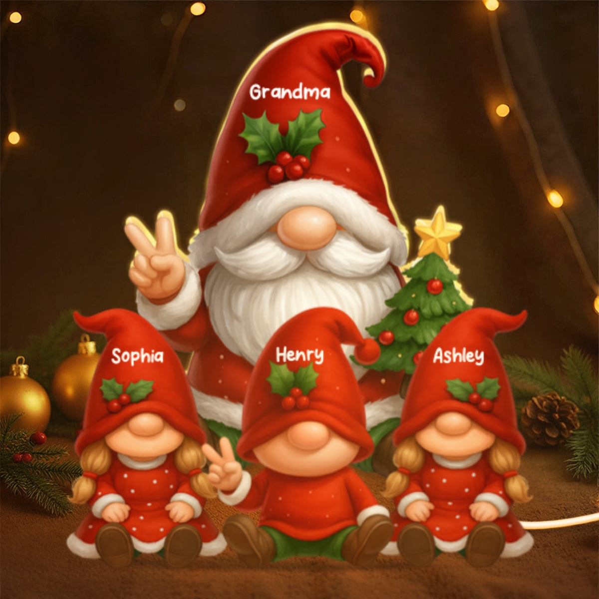 Gnome Grandma & Grandkids Festive Holiday - Personalized Light Box - Christmas Decor, Christmas Gift for Grandma