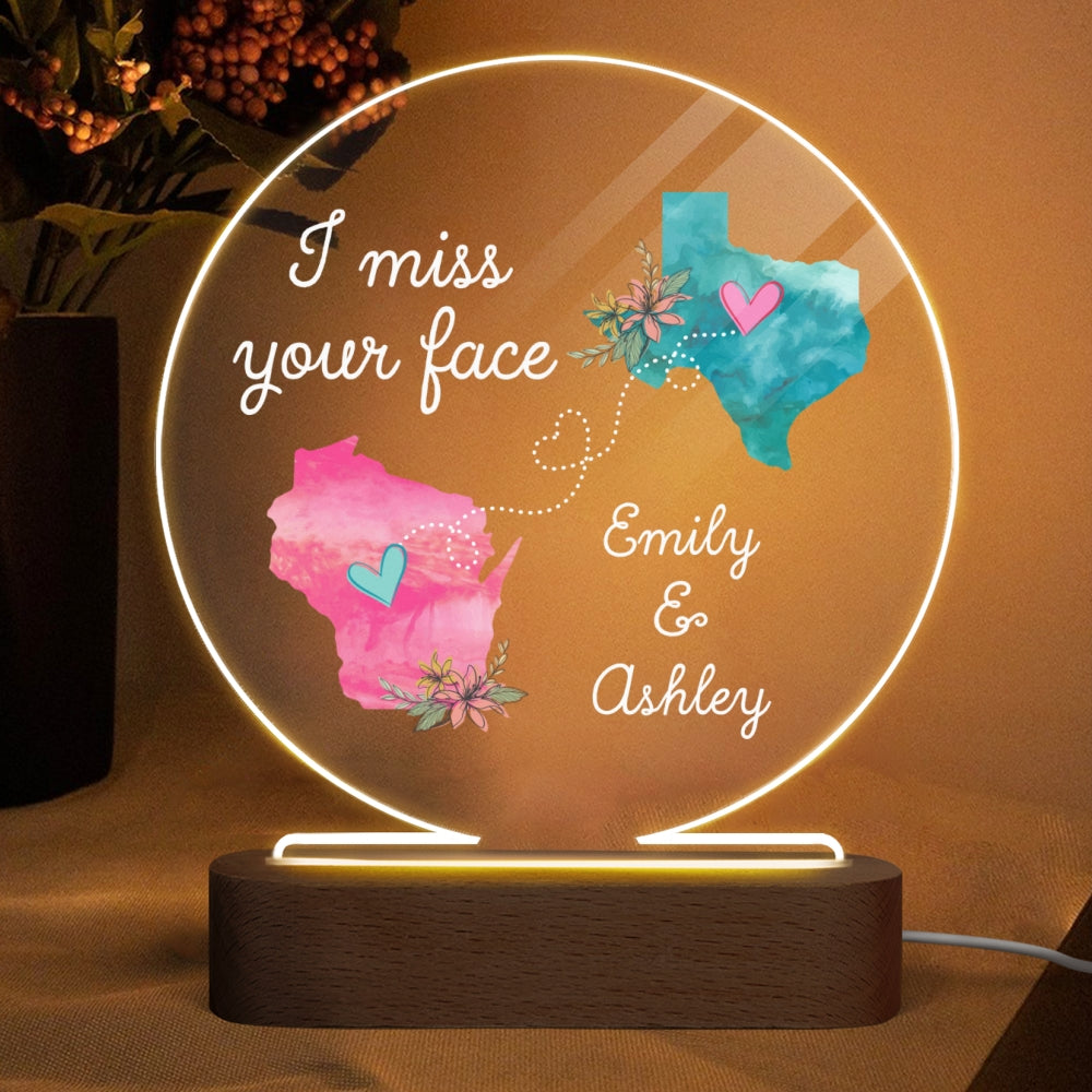I Miss Your Face Long Distance Gift For Friends Family Personalized Circle Acrylic Plaque LED Lamp Night Light