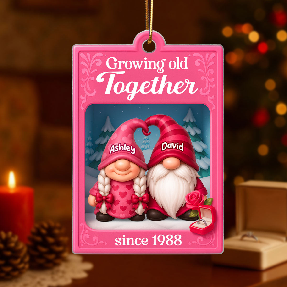 Growing Old Together Pink Gnome Couples Action Figure - Personalized Acrylic Ornament - Unique Christmas Gift For Old Couples, For Wife, For Husband