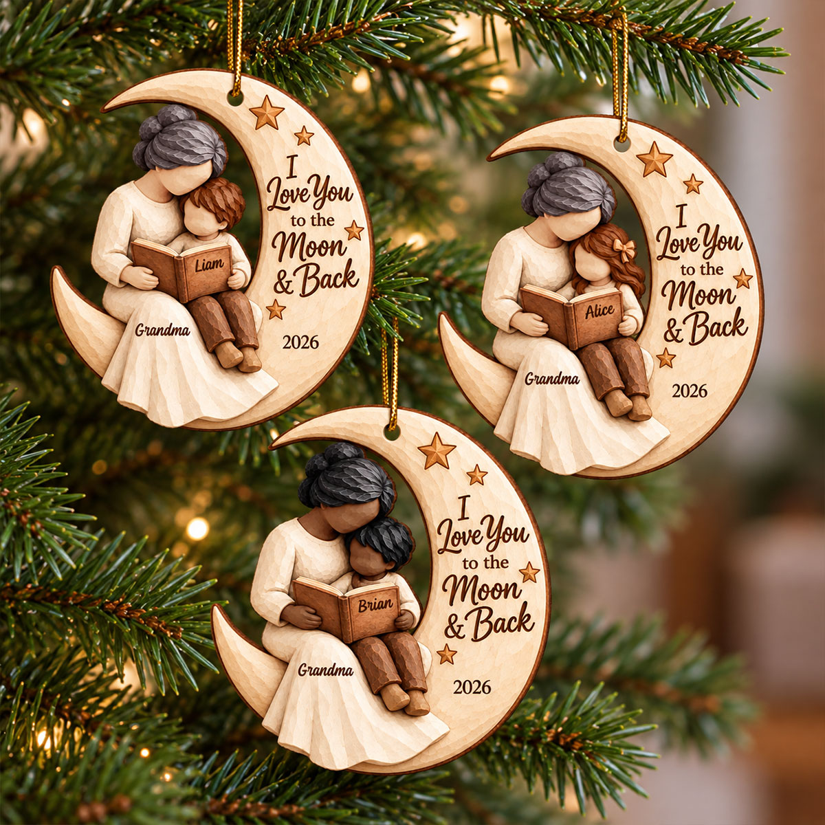 Grandma Grandkid Reading On Moon 2D Flat Printed - Personalized Wooden Ornament - Christmas Gift For Grandkid, Grandson, Granddaughter