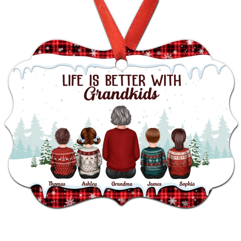 Grandma Grandkids Sitting Checkered Pattern Personalized Christmas Ornament