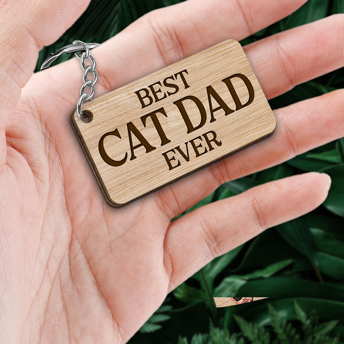 Best Cat Dad Ever Man & Fluffy Cats Personalized Wooden Keychain