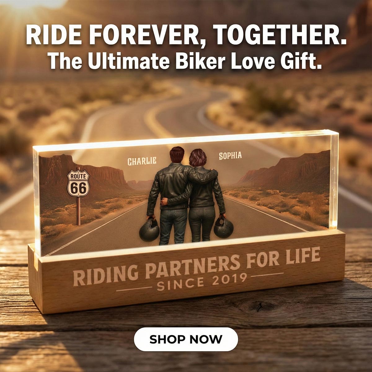Eternal Love Back View Biker Couple Riding Partners For Life - Personalized Acrylic Block LED Night Light - Heartfelt Valentine's Day Gift, Anniversary Gift For Couple, Bikers, Gift For Him, For Her