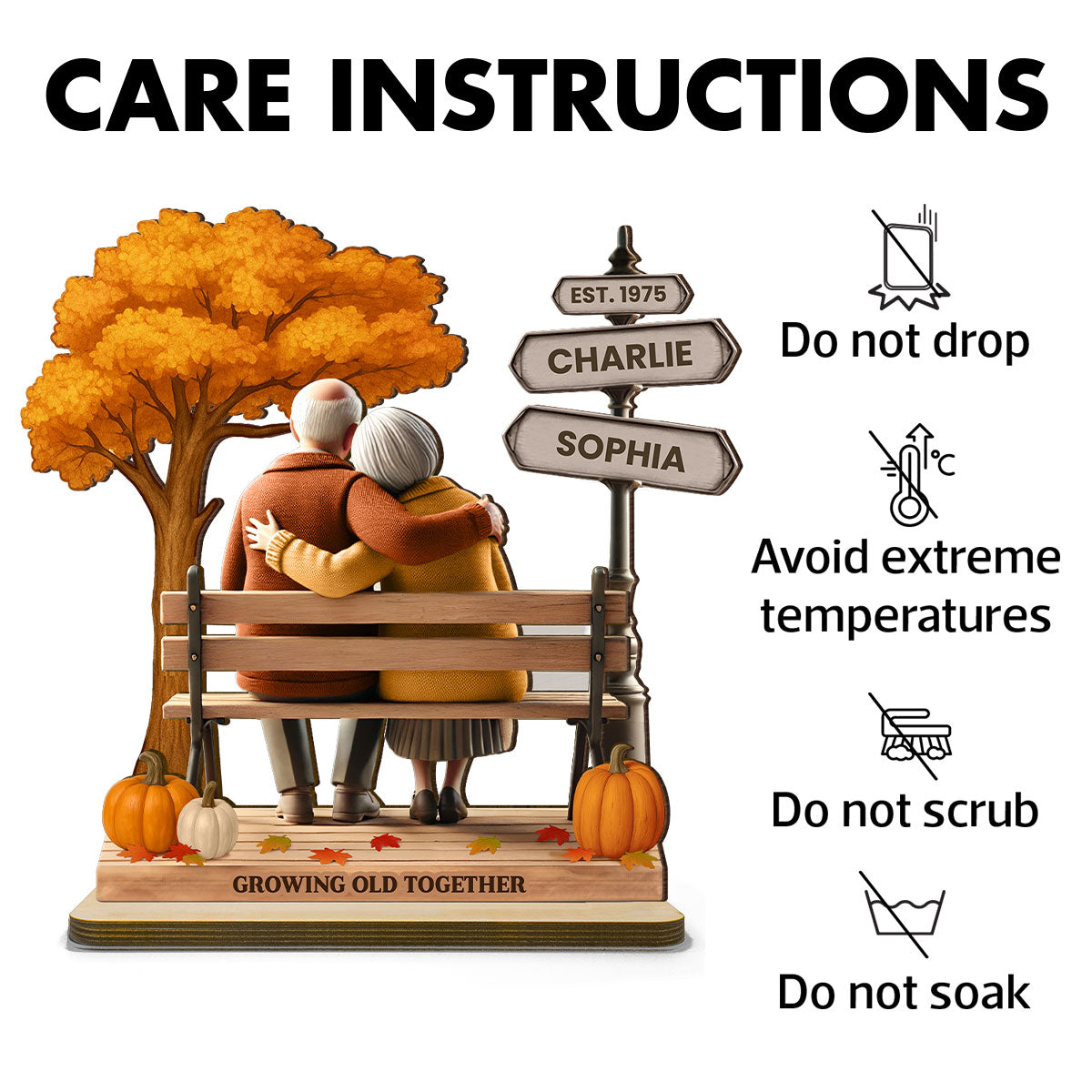 Custom Old Couple Fall Season Park, Romantic Personalized Standing Wooden Plaque