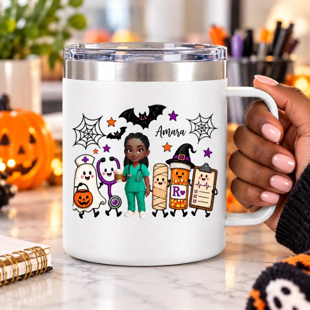 Halloween Cute Nurse Things - Personalized Stainless Steel Tumbler With Handle - Halloween Tumbler For Nurse