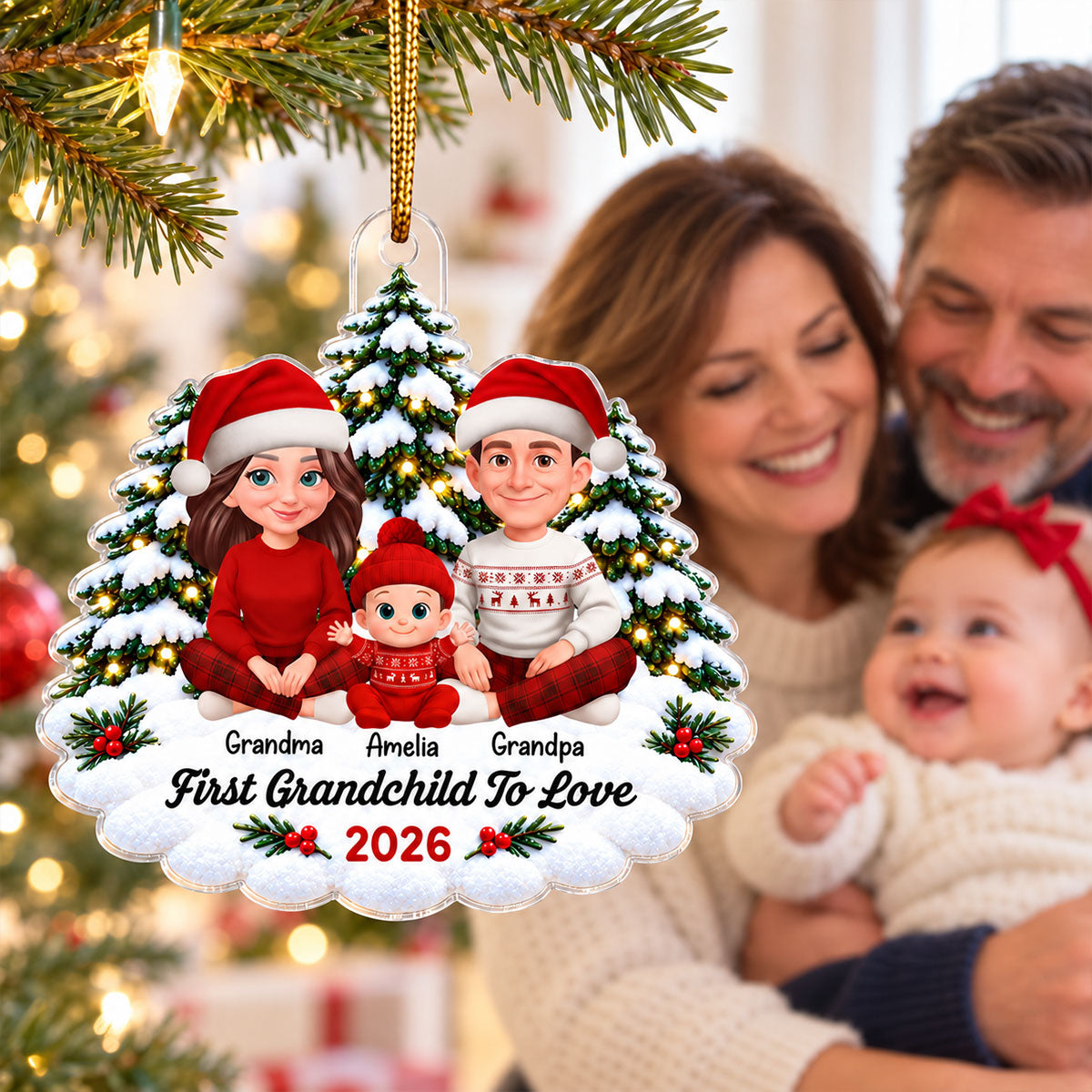 First Grandchild To Love Snowy Christmas Trees - Personalized Acrylic Ornament - Christmas Gift For Grandparents, First-Time Grandparents