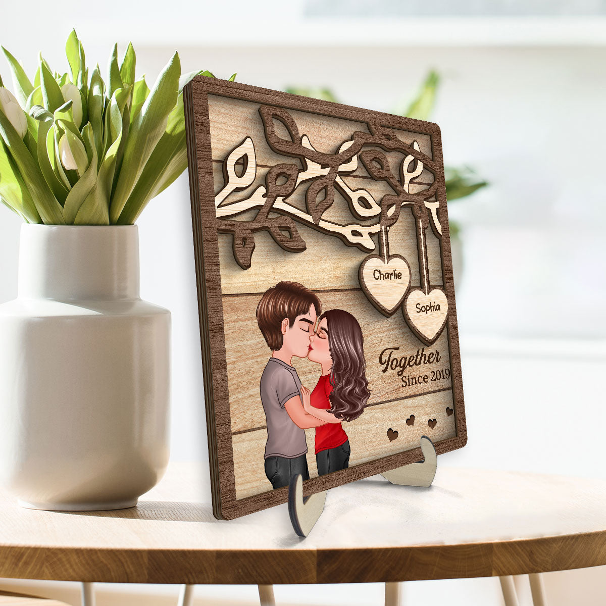 Couple Kissing Under Tree Personalized 2-Layer Rectangle Wooden Plaque