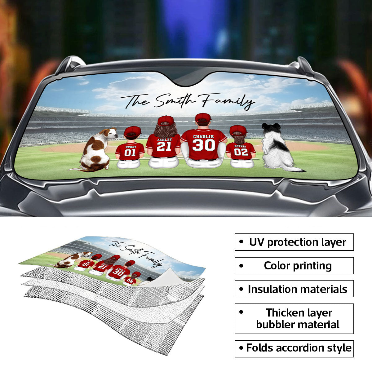 Baseball Family Sitting Back View Personalized Car Sunshade